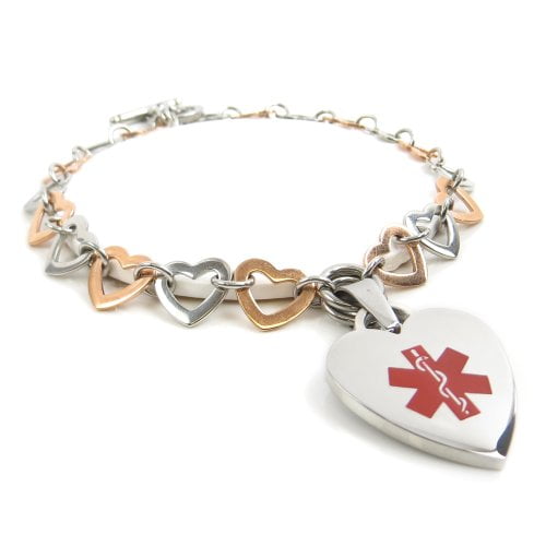 Pre-Engraved & Customized Parkinson's Medical Alert Bracelet My Identity Doctor Steel & Rose Hearts Black 